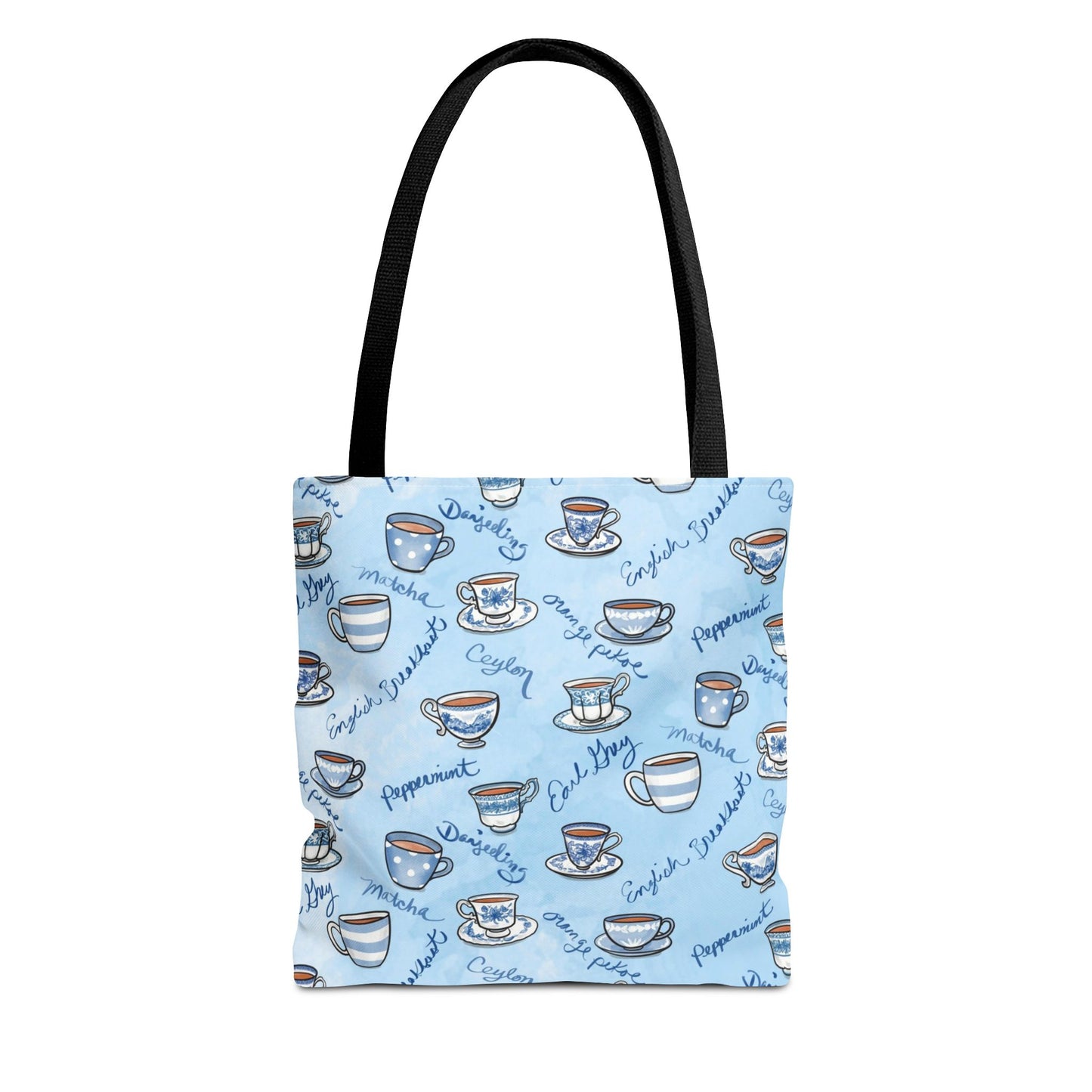 Tea Types Tote Bag, Blue and White cups