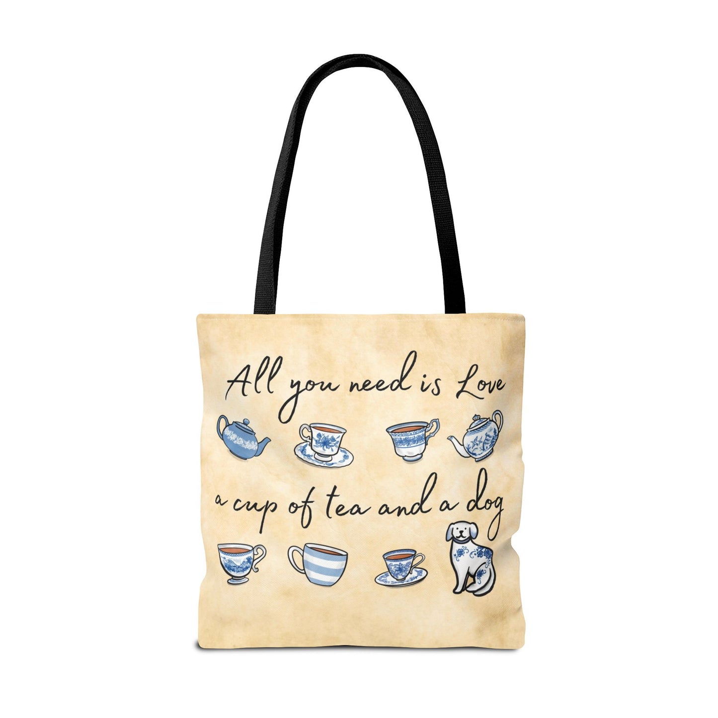 Love Tea and Dog Tote Bag, Blue and White