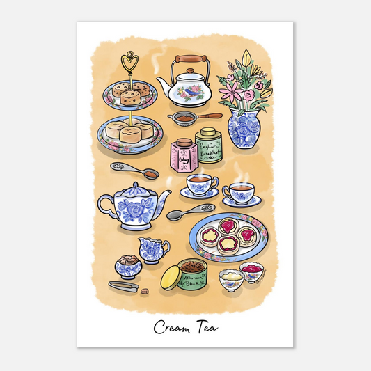 Art print featuring a whimsical watercolor-style illustration of a tea party setup with teapots, cups, cakes, flowers, and tea tins on a warm beige background, with the text 'Cream, Tea' at the bottom. Ideal for cozy kitchen.