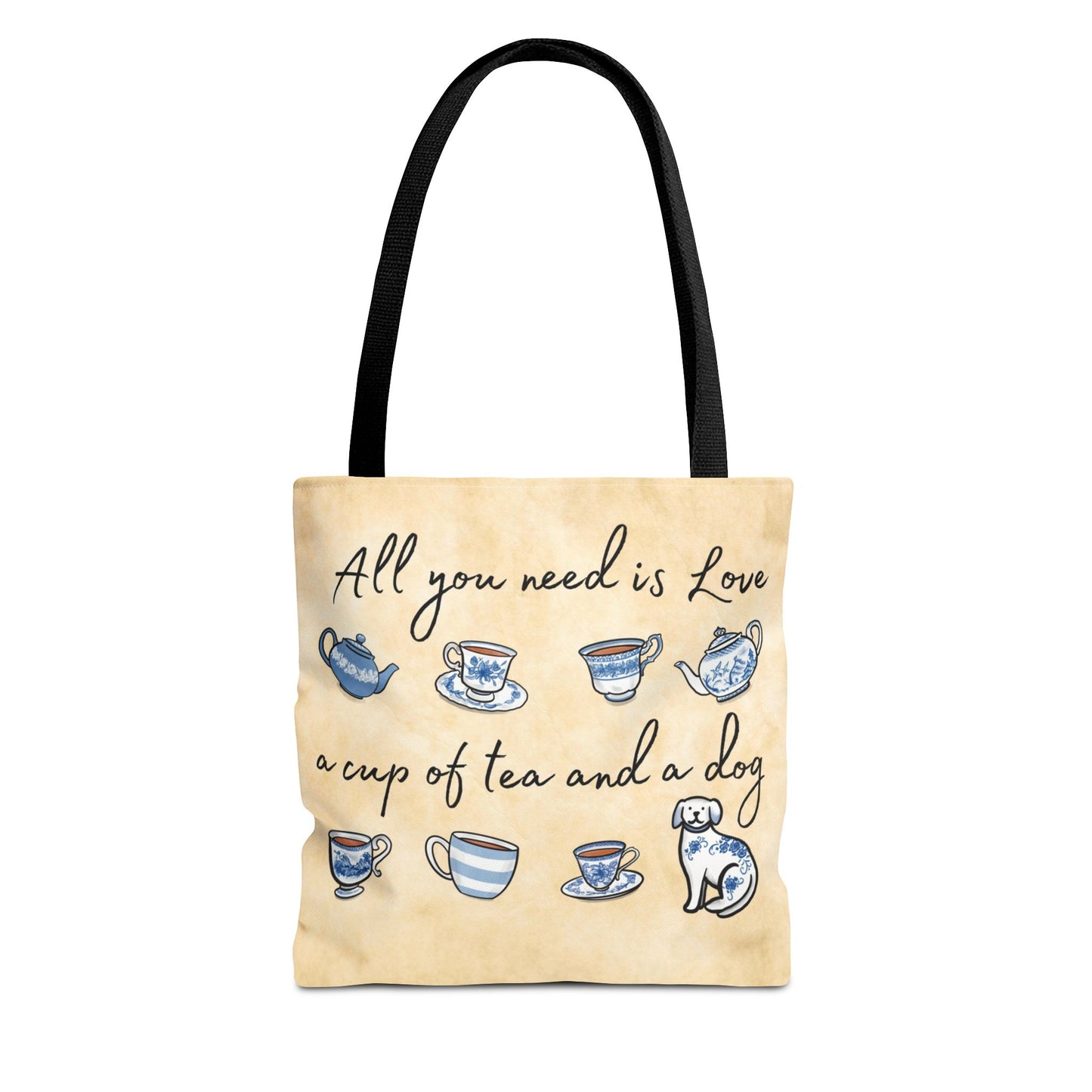 Love Tea and Dog Tote Bag, Blue and White Teacups