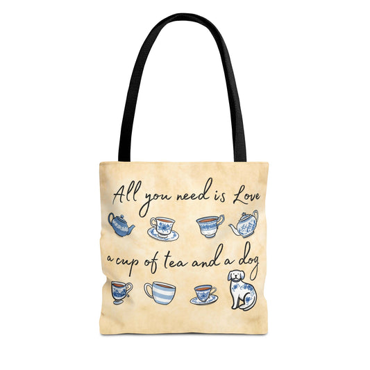 Love Tea and Dog Tote Bag, Blue and White Teacups