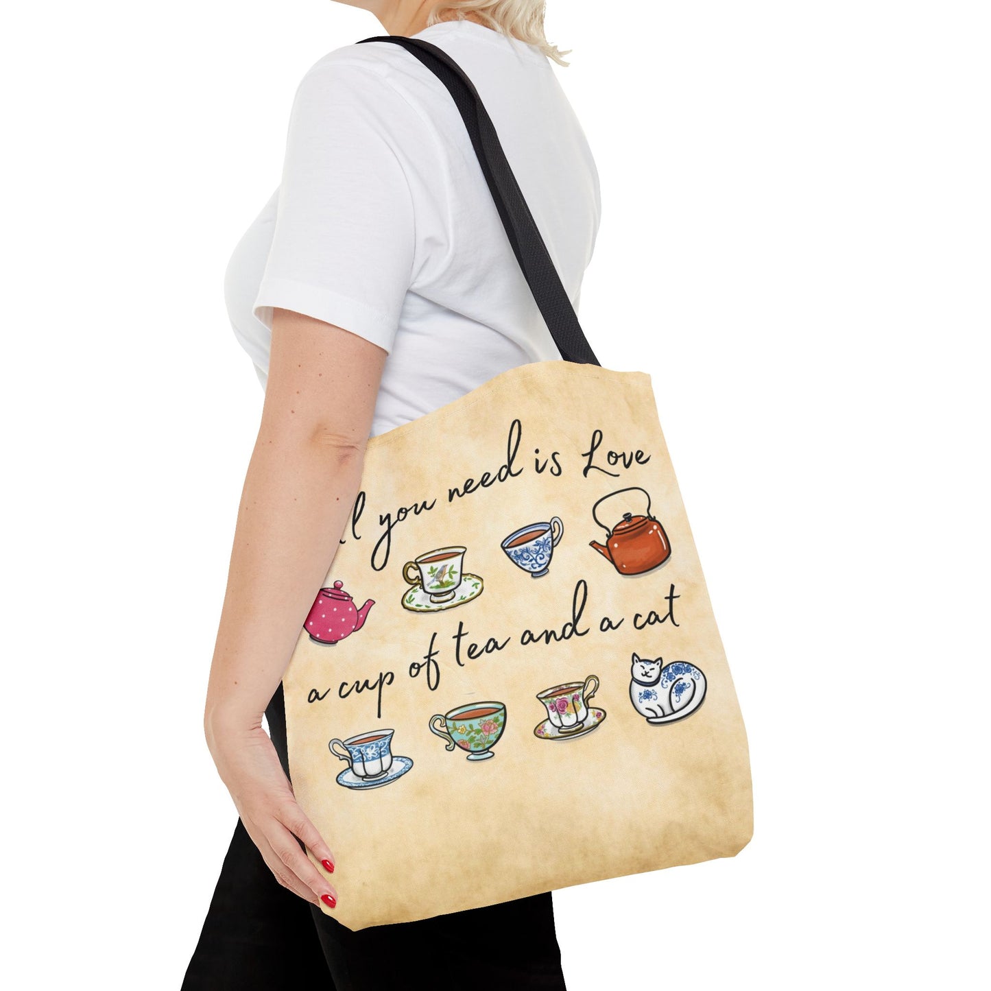 Love Tea and Cat Tote Bag, Multi Color cups