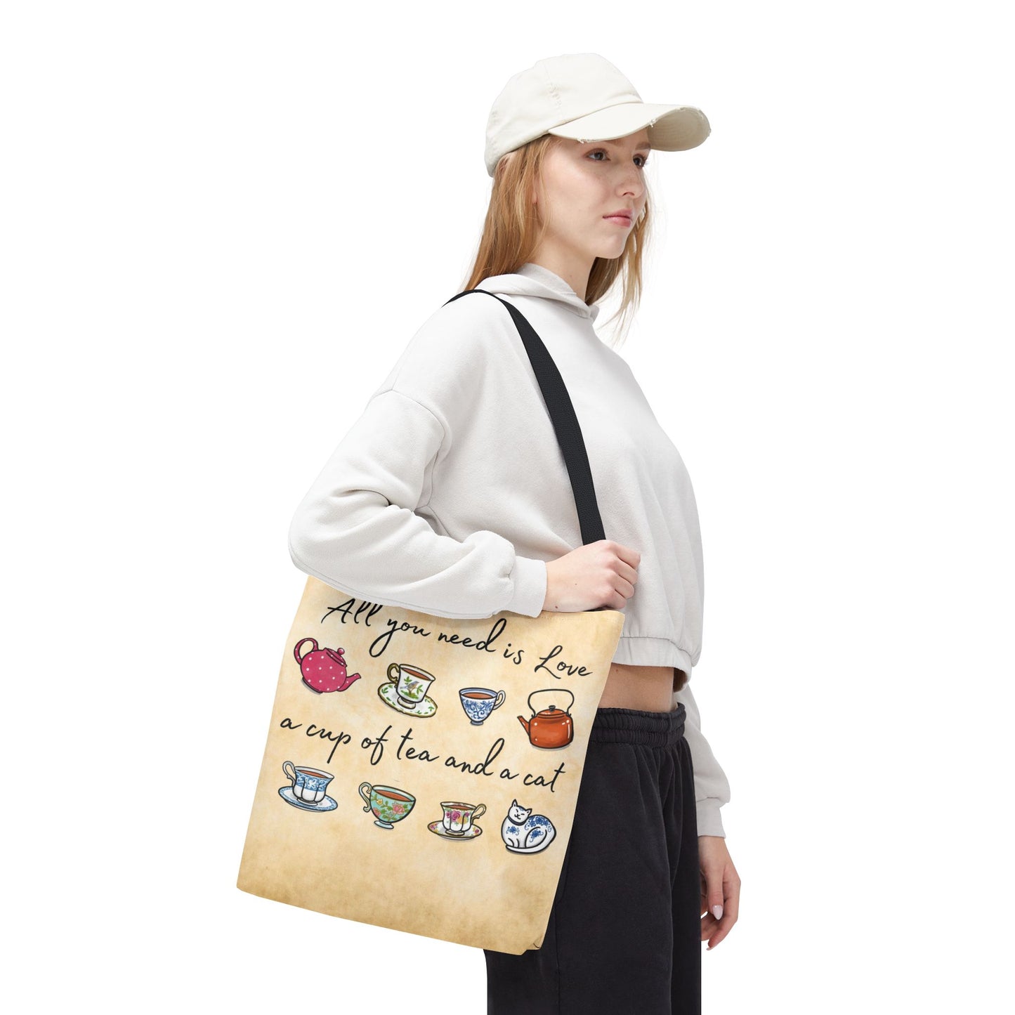 Love Tea and Cat Tote Bag, Multi Color cups