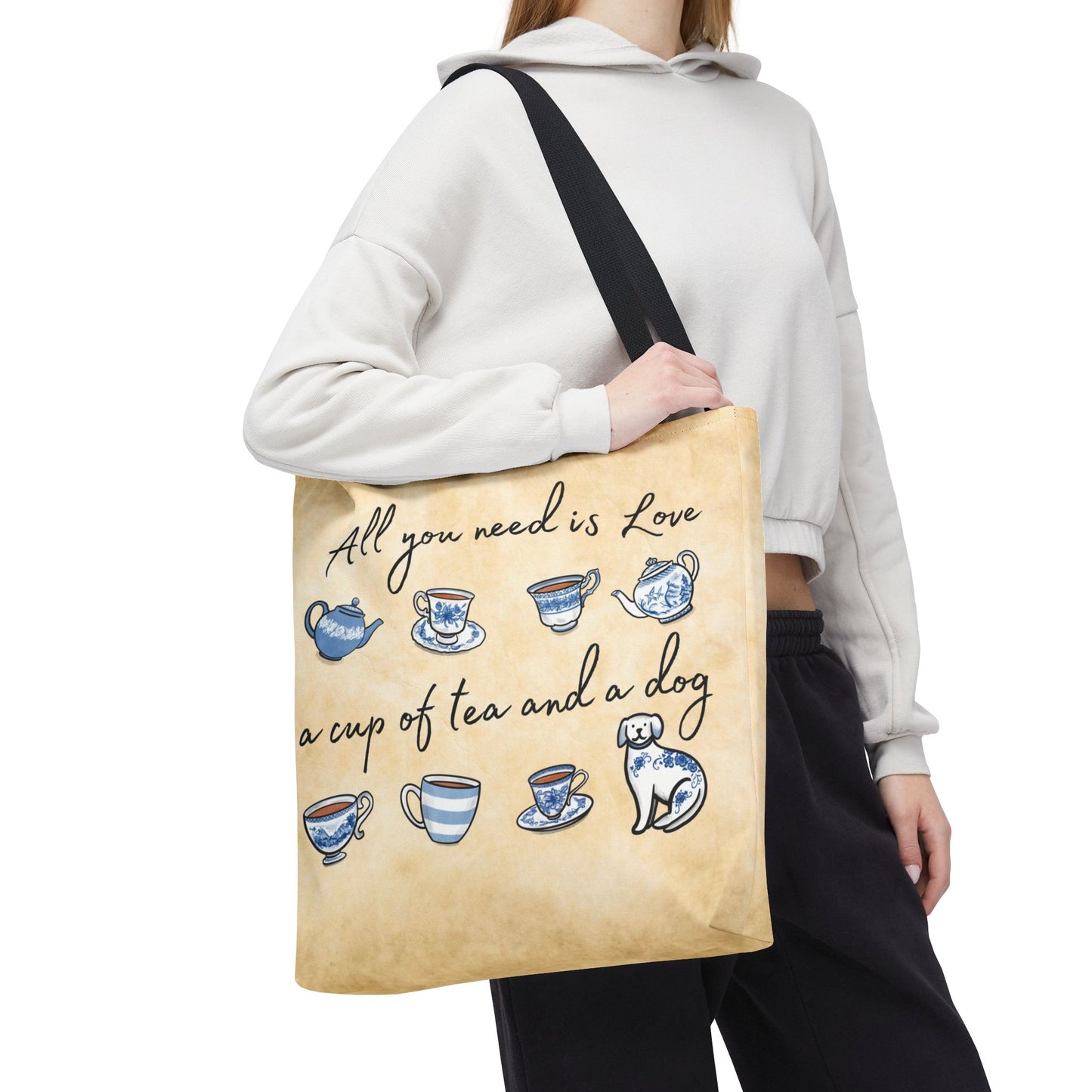 Love Tea and Dog Tote Bag, Blue and White