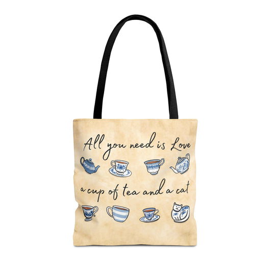 Love Tea and Cat Tote, Blue and White