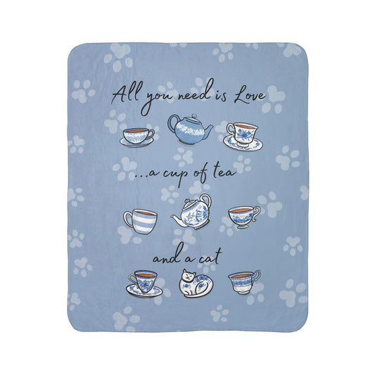 Love, Tea and Cat Cozy Fleece Sherpa Blanket