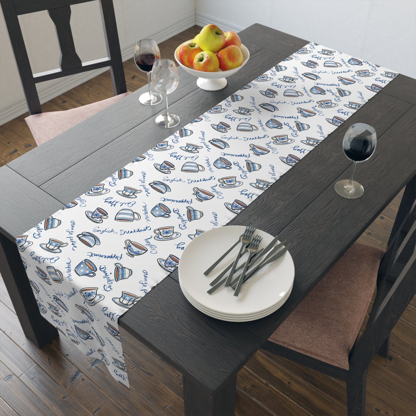 Blue and White Cups Table Runner