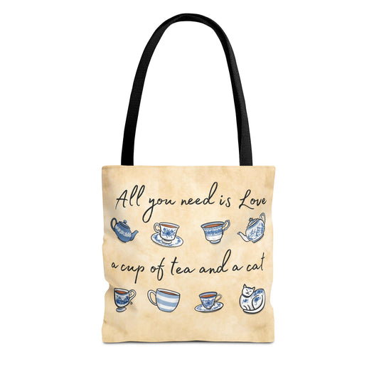 Love Tea and Cat Tote Bag, Blue and White