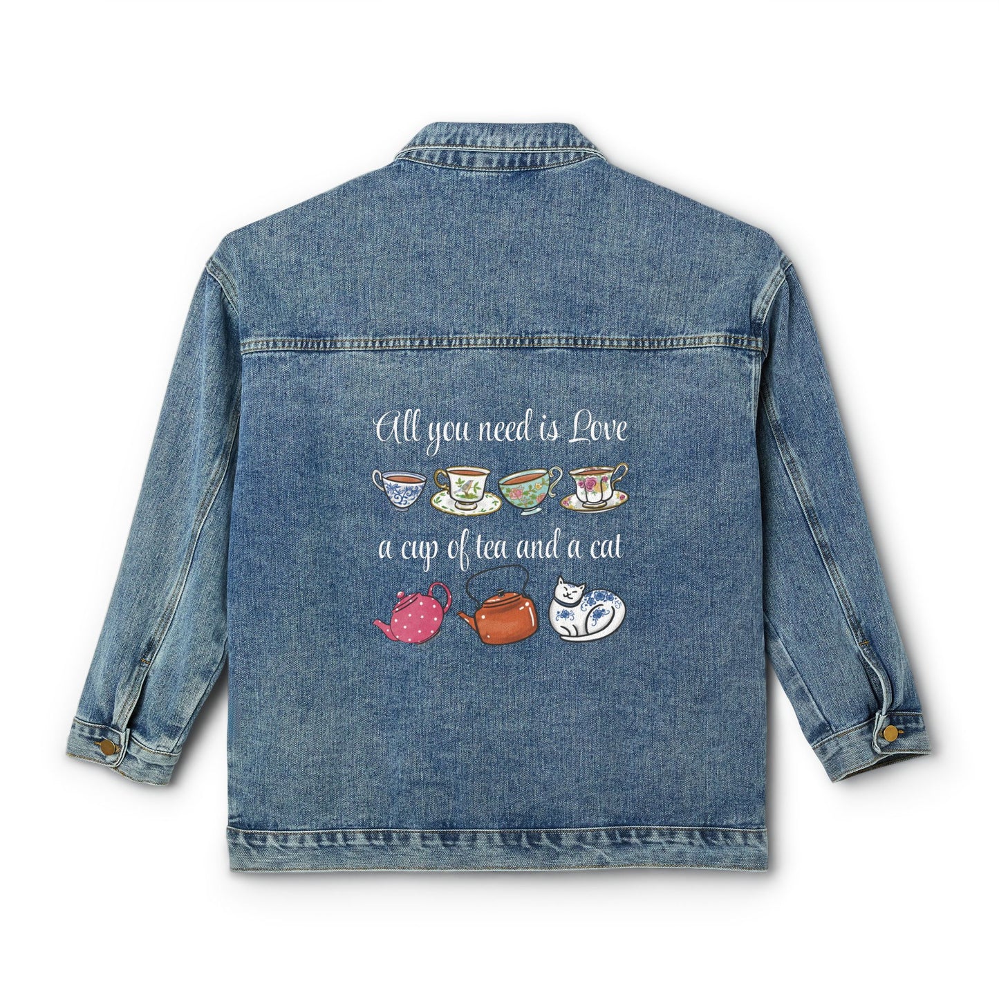 Love, Tea and Cat Multi Color Teacups Denim Jacket