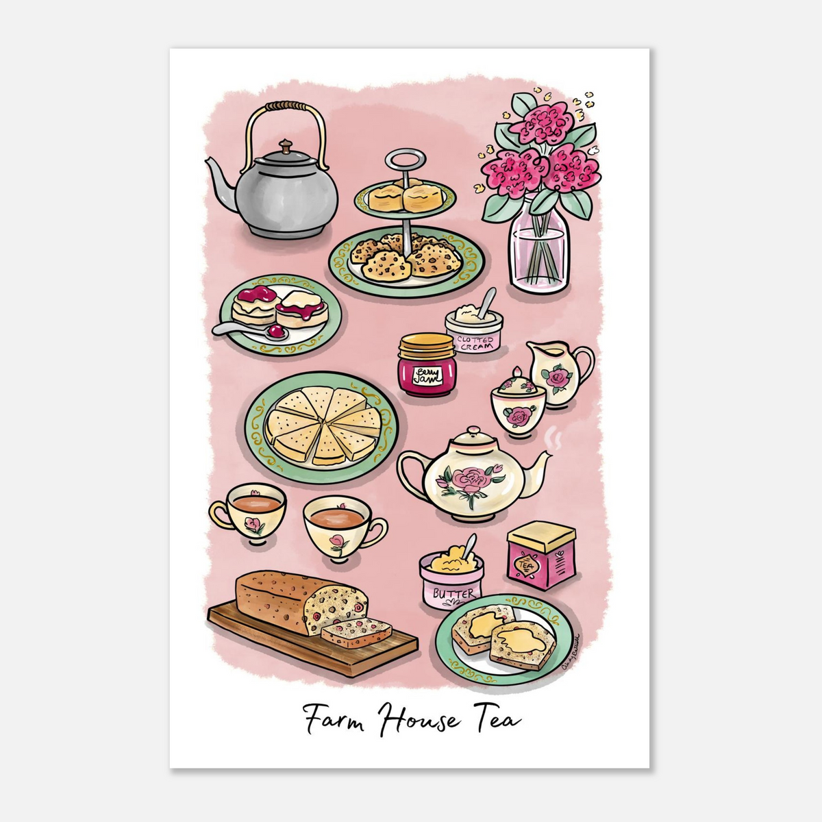 Art print featuring a whimsical hand-drawn illustration of a tea time spread on a pink background, with the text 'Farm House Tea' written at the bottom. The illustration includes teapots, cups, plates of food, flowers, and tea boxes, set against a white border.