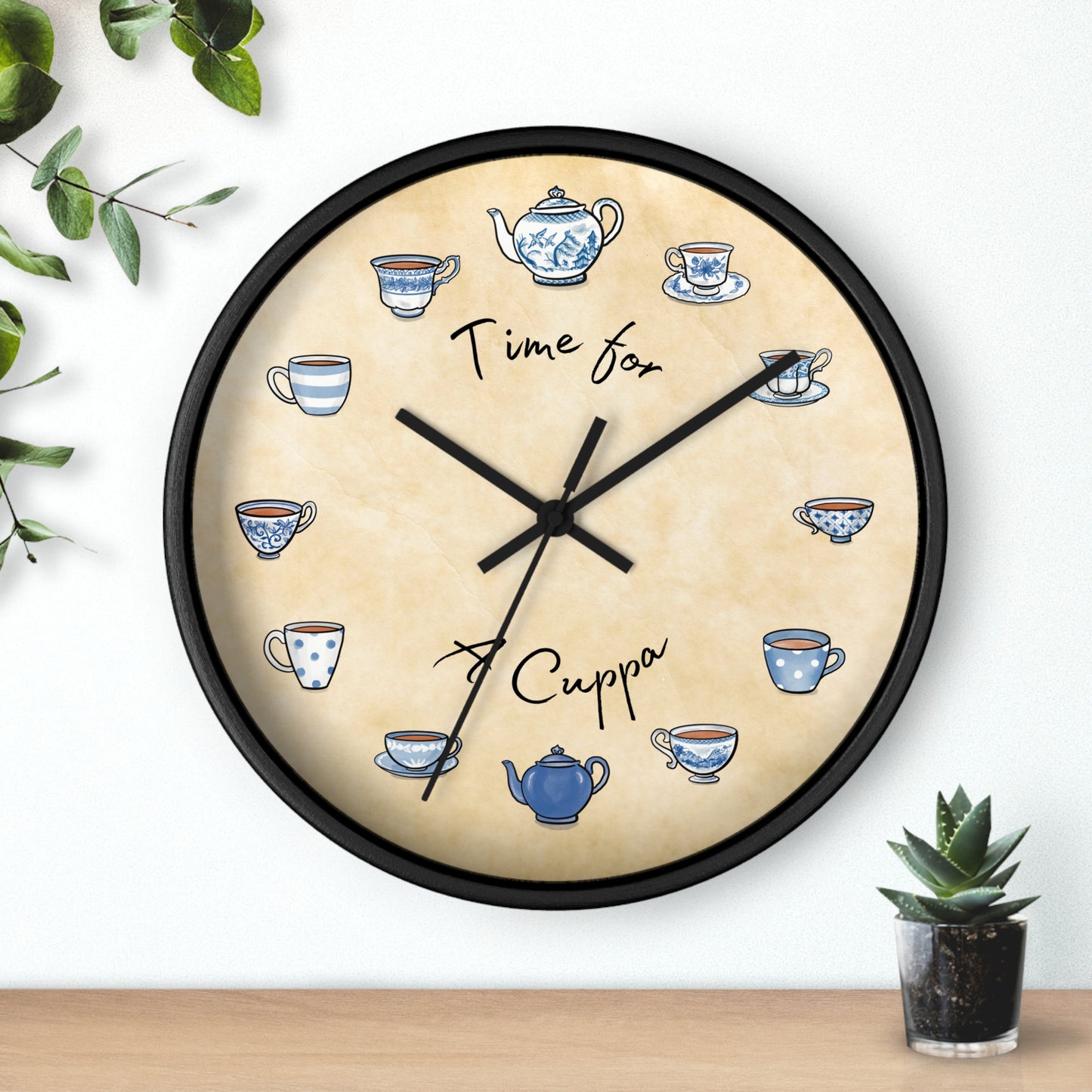Time for a Cuppa Blue and White Teacups Wall Clock