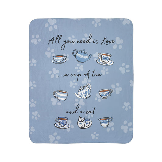 Love, Tea and Cat Cozy Fleece Sherpa Blanket