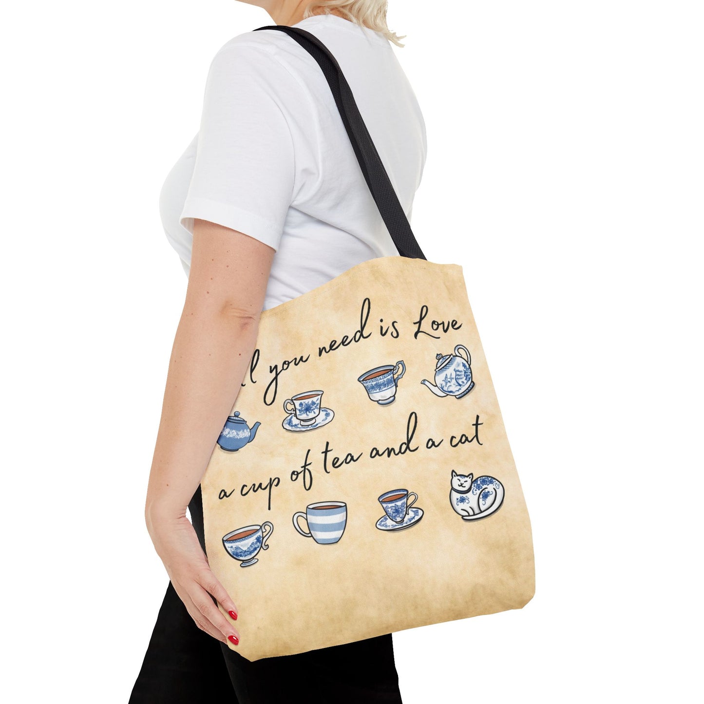 Love Tea and Cat Tote, Blue and White