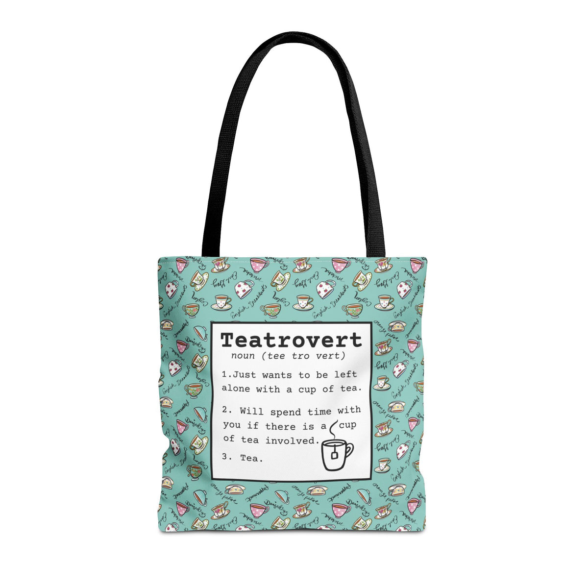 Tote Bag with hand drawn colorful teacups on turquoise background and text definition of a tea loving introvert.