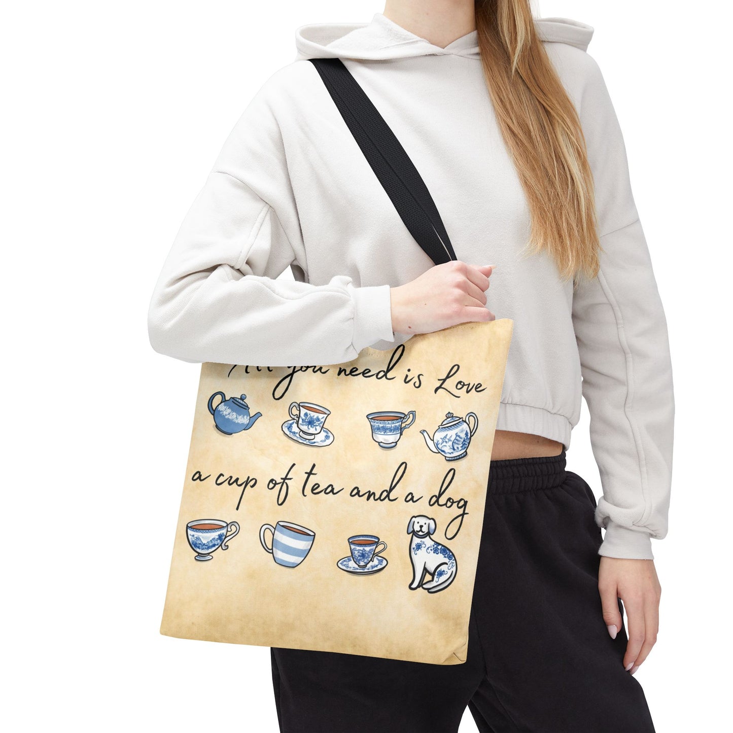 Love Tea and Dog Tote Bag, Blue and White