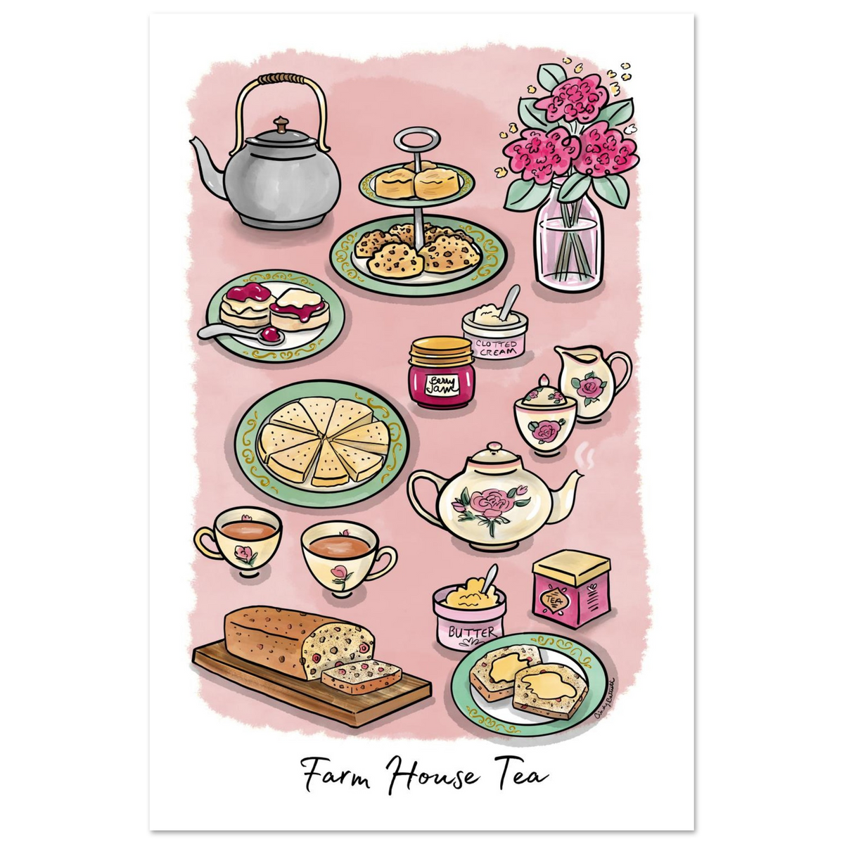 A whimsical hand-drawn illustration of a tea time spread with the text 'Farm House Tea' at the bottom. Ideal kitchen decor for tea lover.