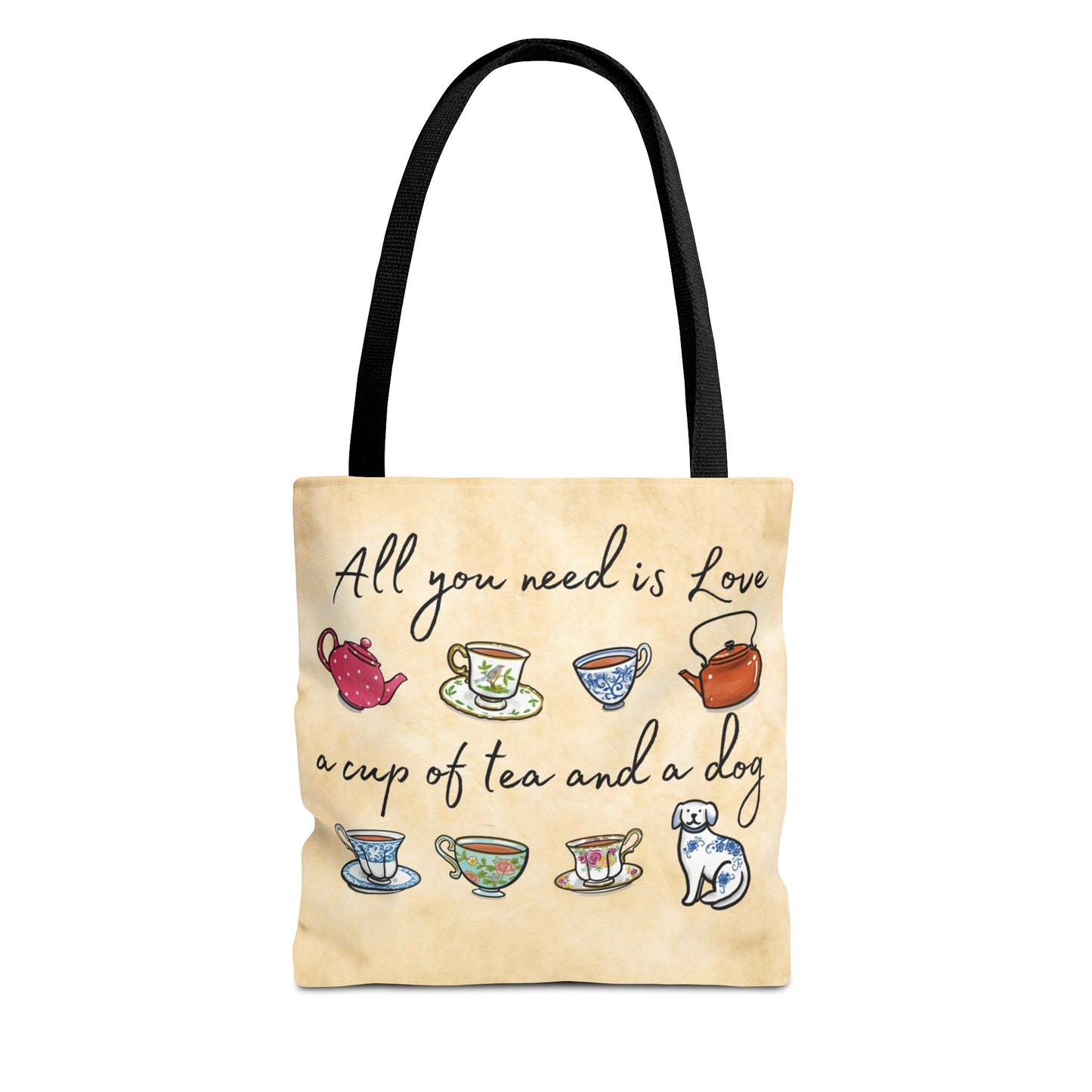 Love Tea and Dog Tote Bag, Multi Color Teacups