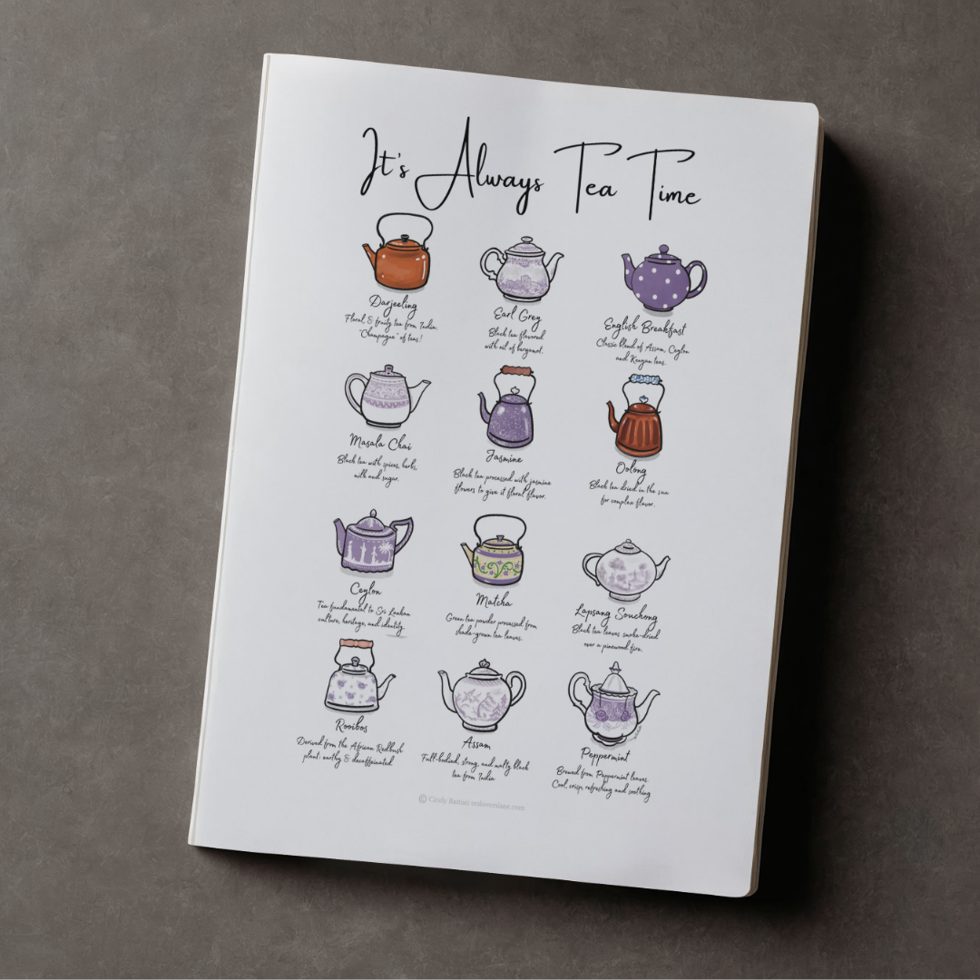 Always Tea Time Journal with hand drawn lilac and white teapots cover