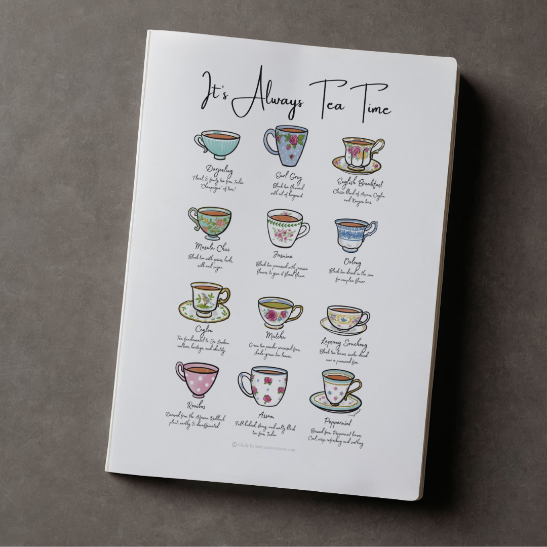 Always Tea Time Journal with hand drawn multicolor teacups cover.