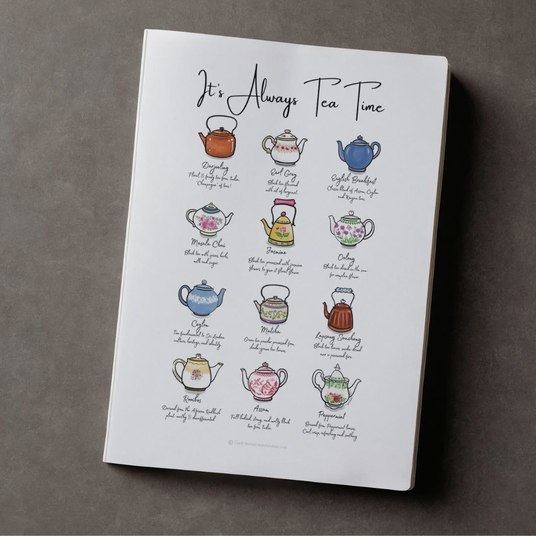 Always Tea Time Journal with hand drawn multicolor teapots cover
