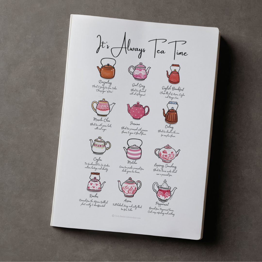 Always Tea Time Journal with hand drawn red and white teapots cover