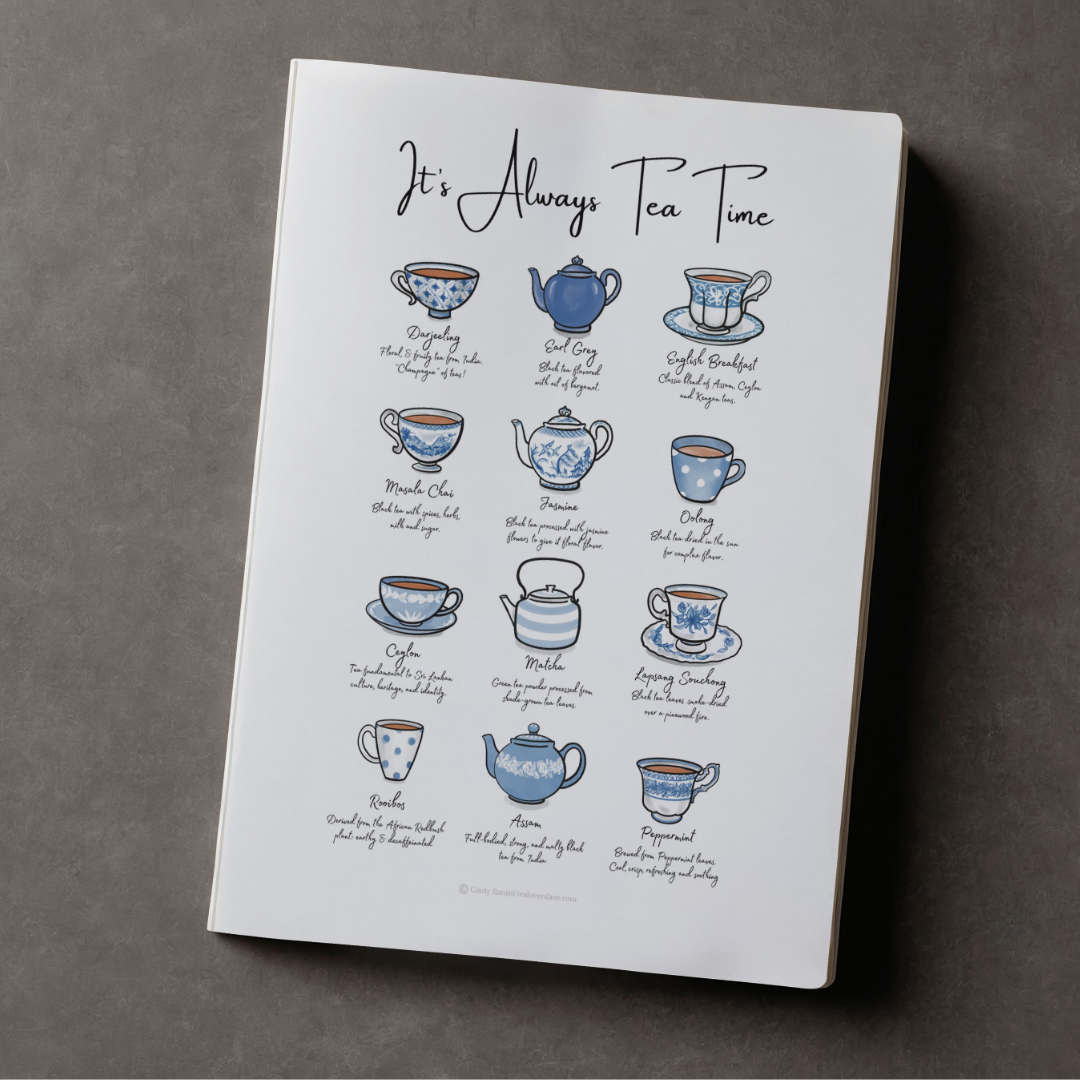 Always Tea Time Journal with hand drawn blue and white teapots cover