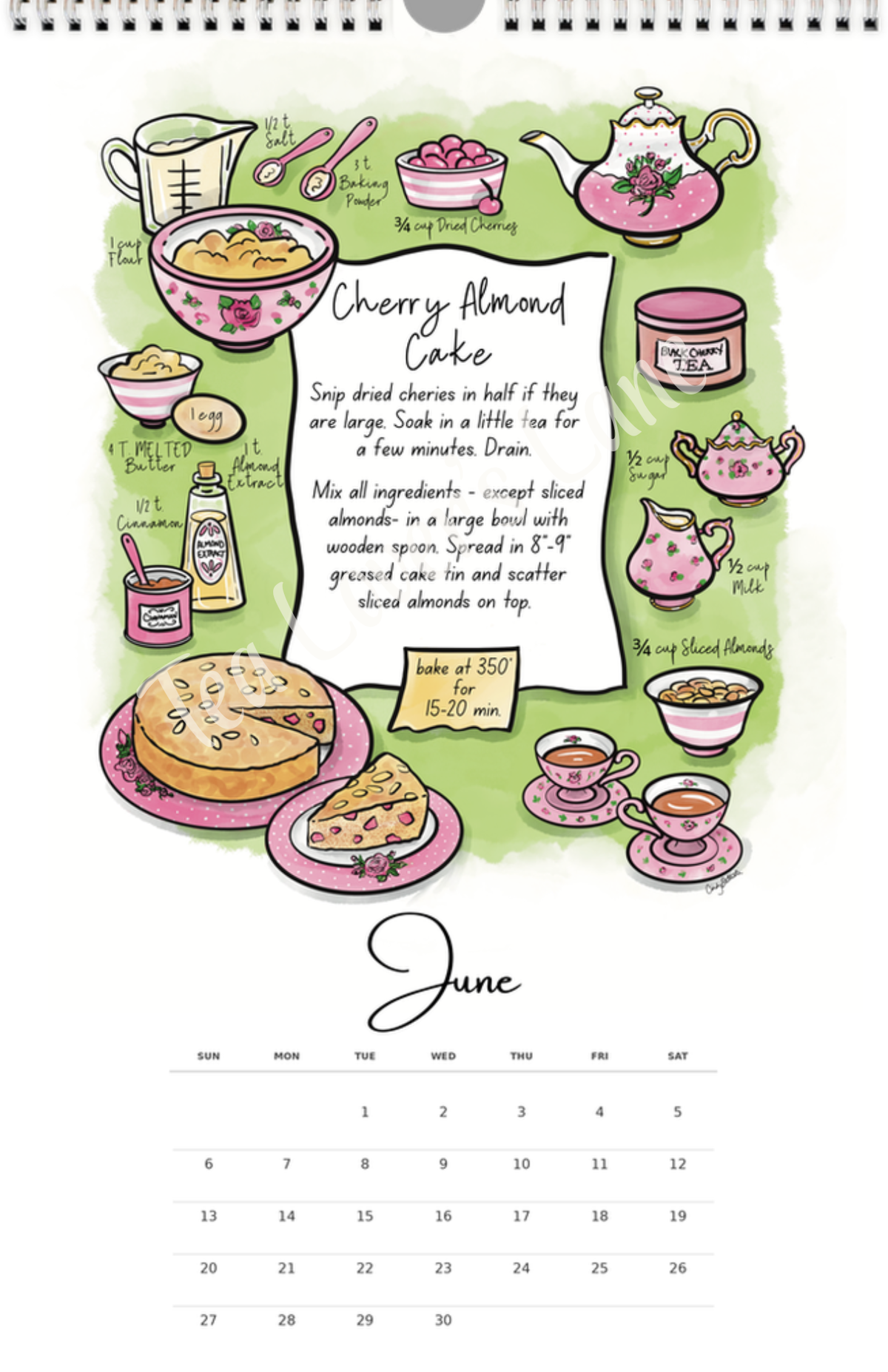 June page of the 2027 Teatime Treats Calendar- features illustrated recipe for Cherry Almond Cake. 