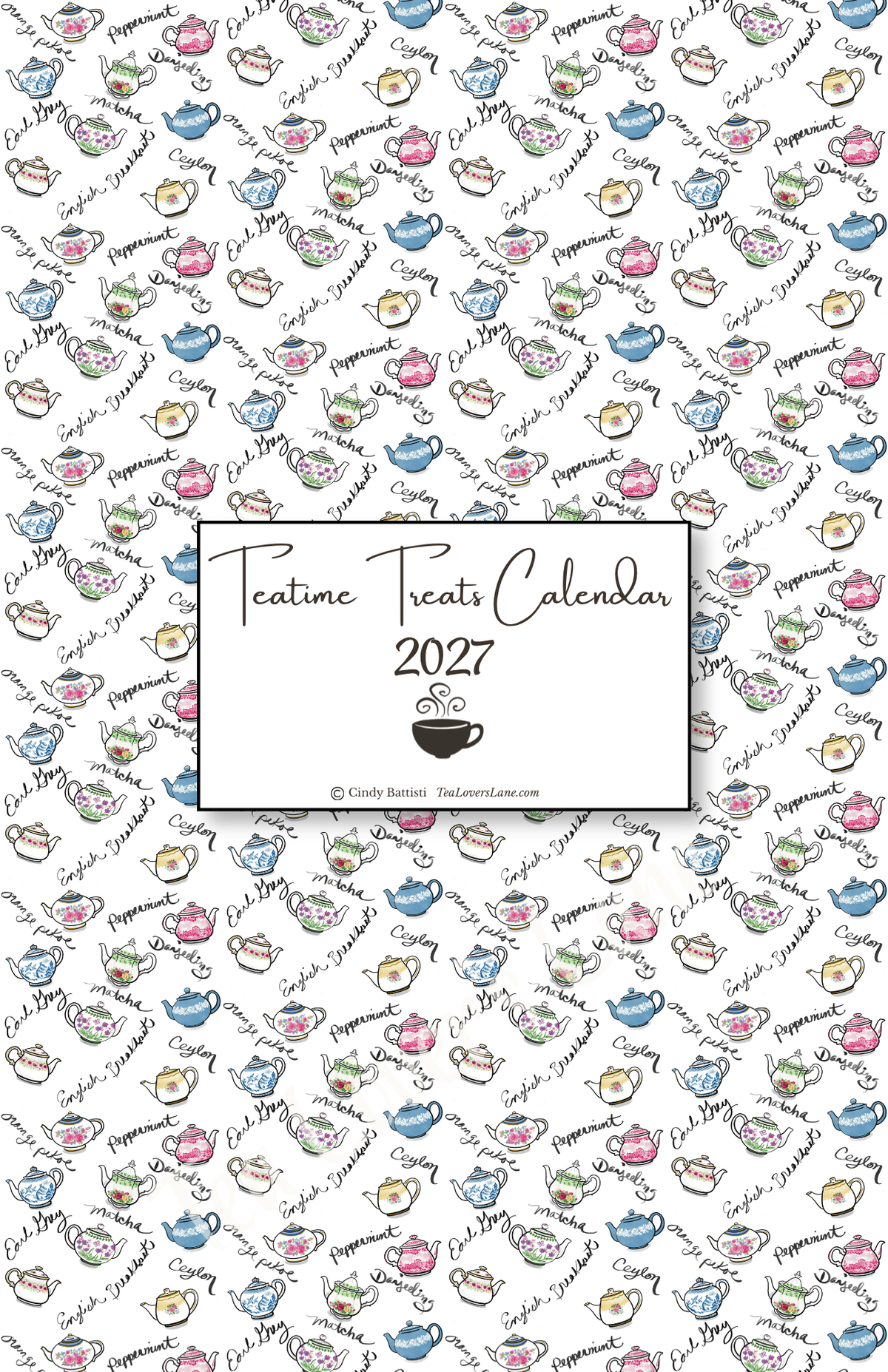 Back Cover of the 2027 Teatime Treats Calendar- features hand drawn teapot pattern.