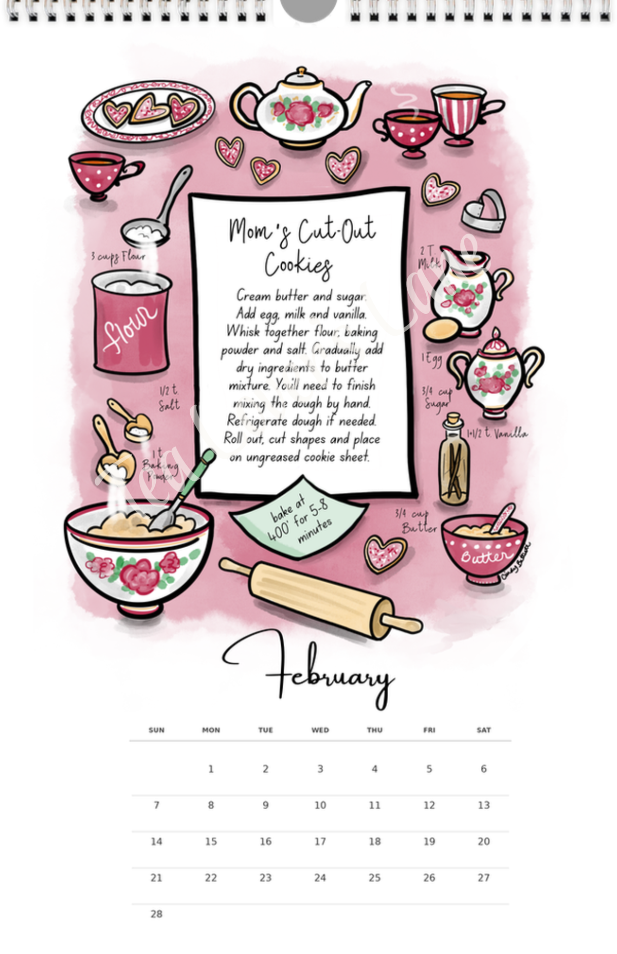February page of the 2027 Teatime Treats Calendar- features illustrated recipe for Cut Out Cookies