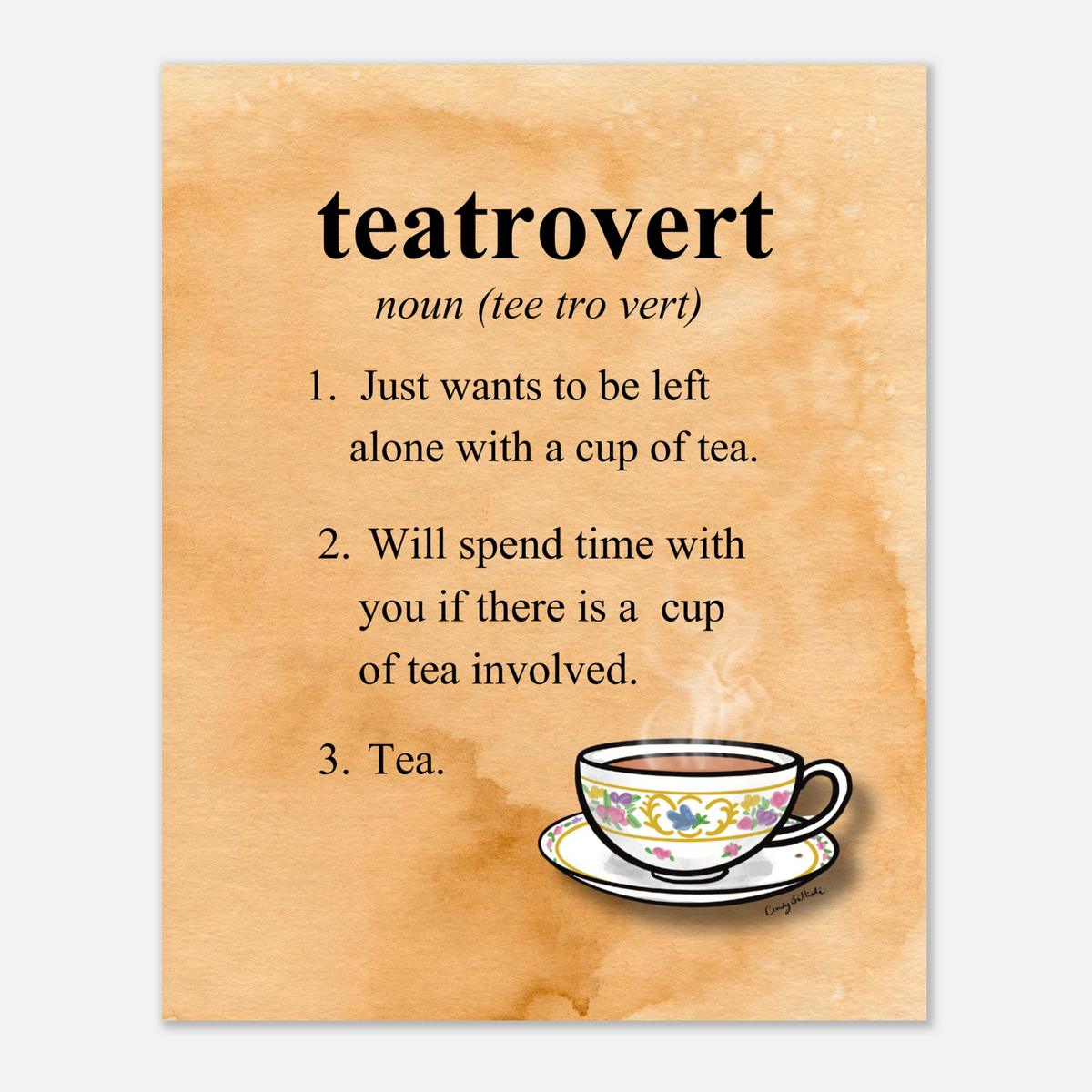 Teatrovert print with definition of a tea loving introvert and hand drawn teacup. A unique Introvert gift.