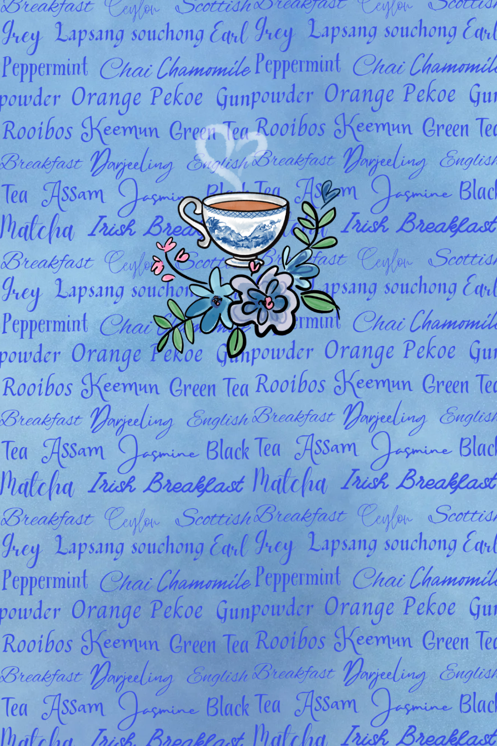 Cover Art - Blue journal with tea type words background design and whimsical hand drawn teacup accent