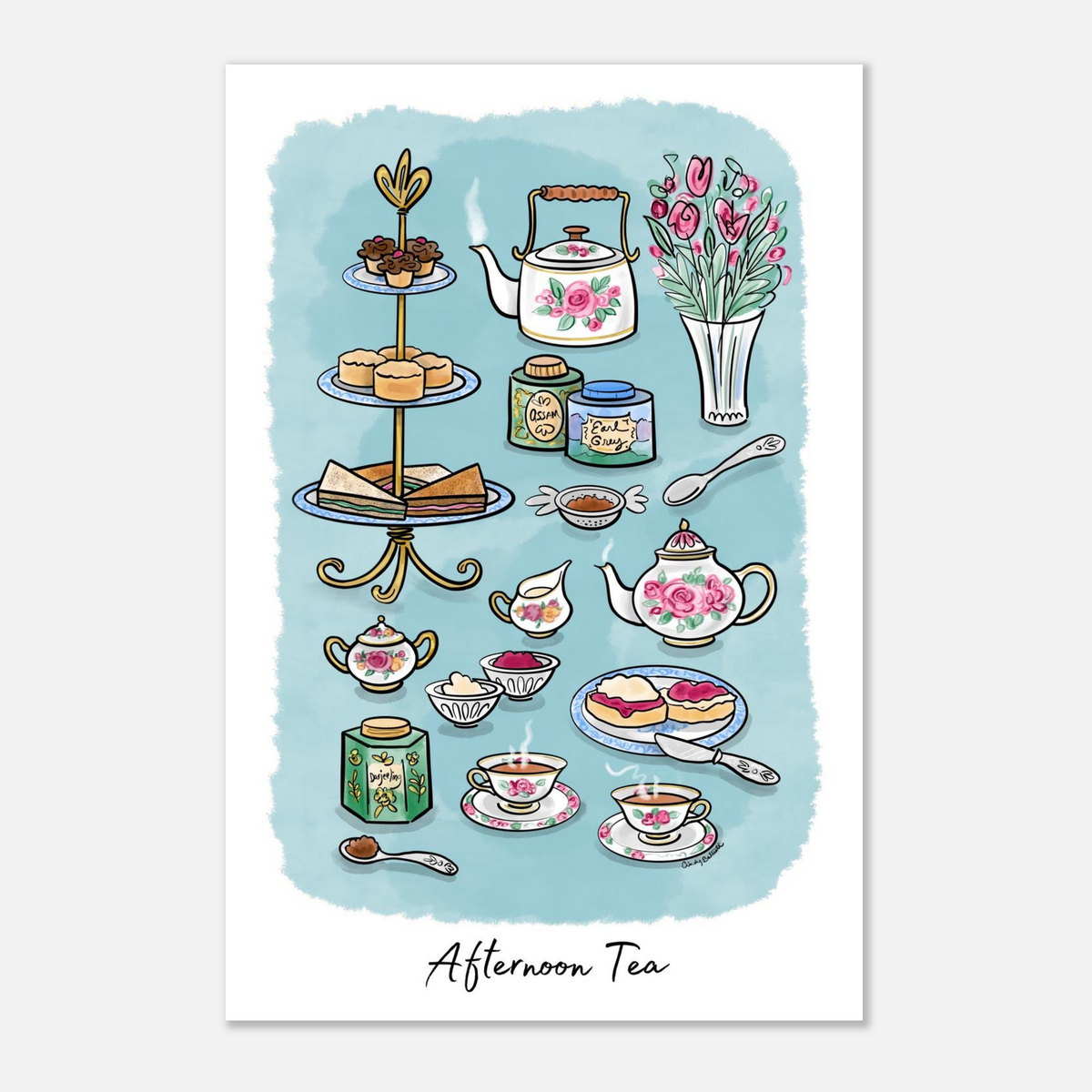 Art print featuring a whimsical hand-drawn illustration of an afternoon tea set, including teapots, cups, saucers, pastries on a tiered stand with the text 'Afternoon Tea' at the bottom.