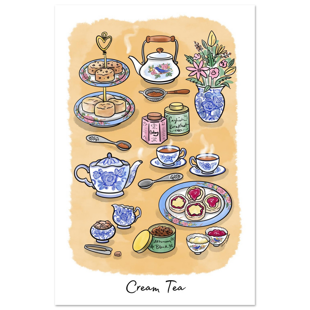 'Cream Tea' art print featuring a watercolor-style illustration of a tea party arrangement on a beige parchment-like background, with blue-and-white porcelain teapots, cups, cakes, flowers, and tea accessories, plus the text 'Cream Tea' at the bottom.