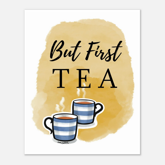 Tea Lover wall art with blue and white hand drawn mugs and the phrase "But First. Tea" on a soft gold background.