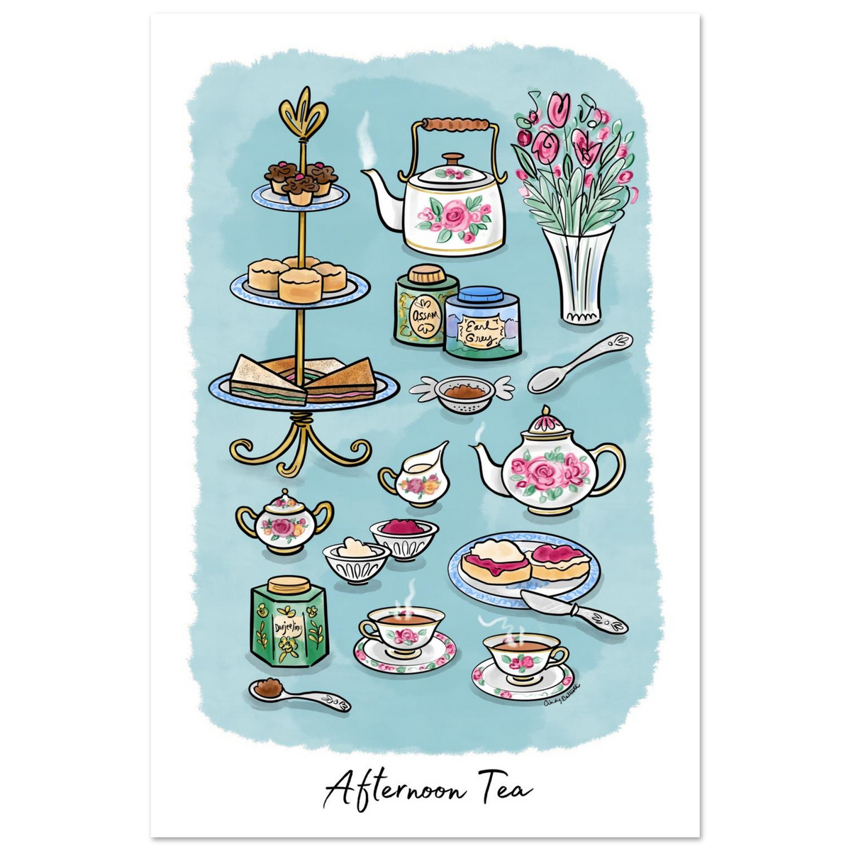 A watercolor-style art print titled 'Afternoon Tea' featuring illustrated teapots, cups, cakes, pastries, flowers, and tea tins arranged on plates against a light blue background.