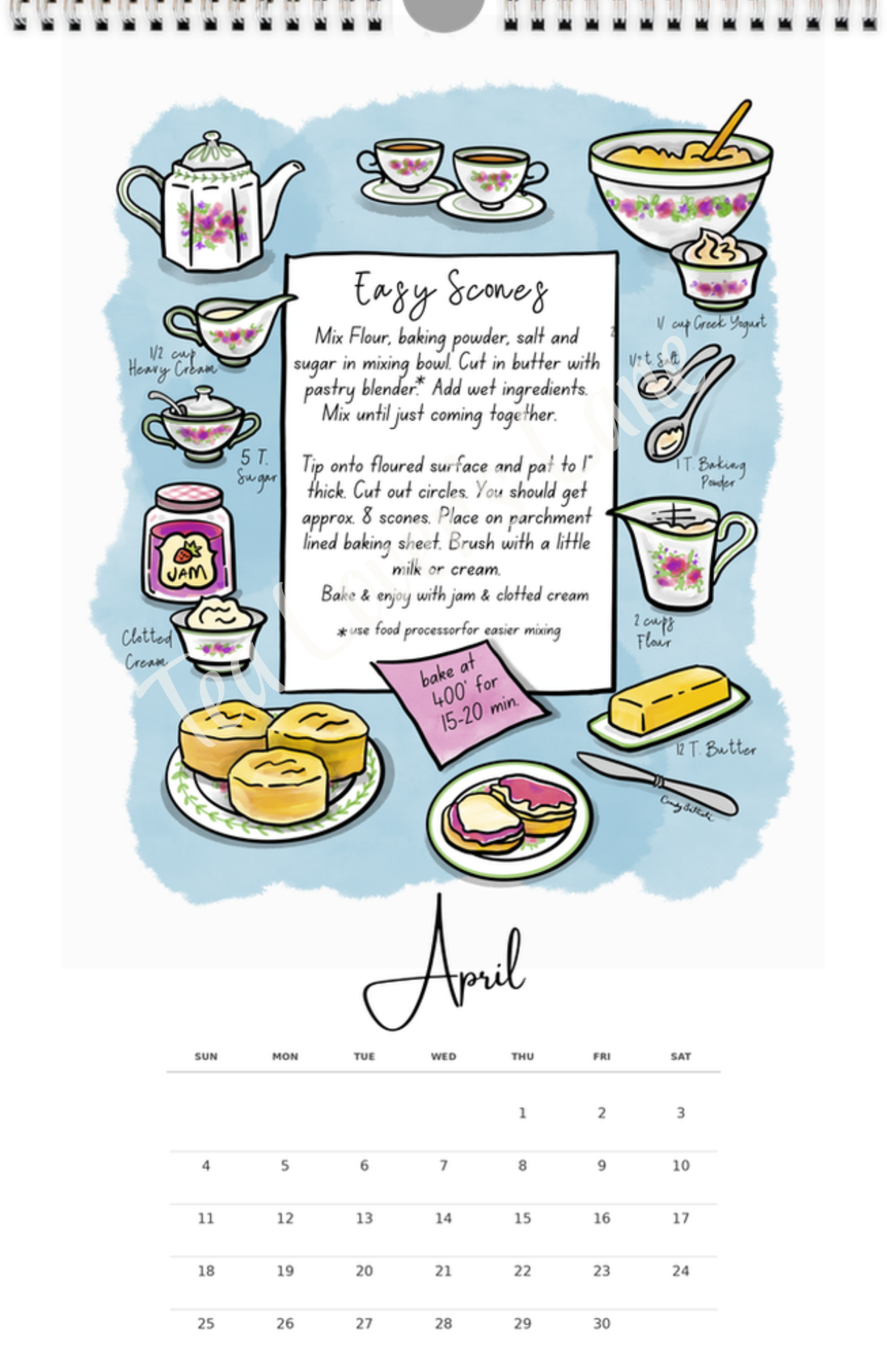 April page of the 2027 Teatime Treats Calendar- features illustrated recipe for Easy Scones. 
