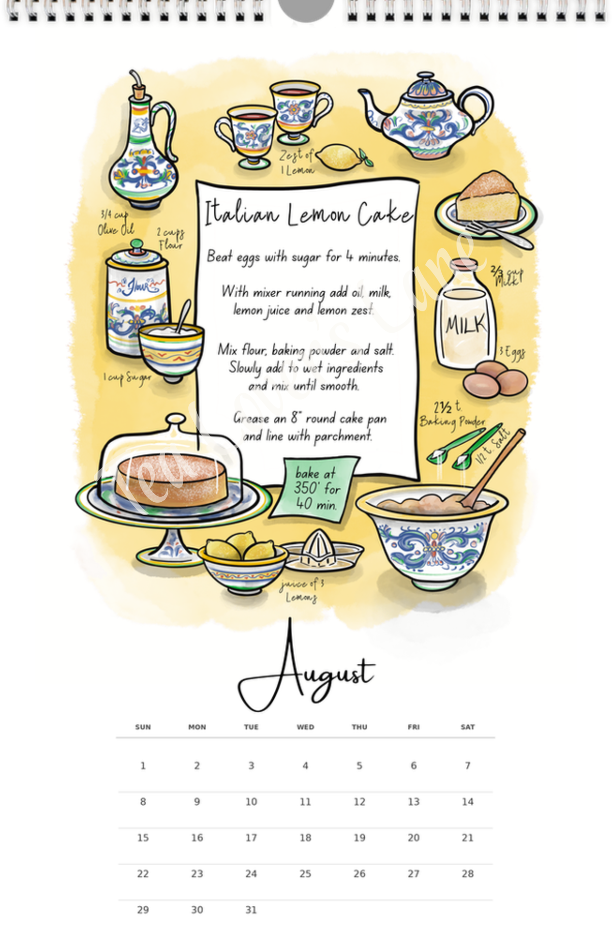 August page of the 2027 Teatime Treats Calendar- features illustrated recipe for Italian Lemon Cake. 