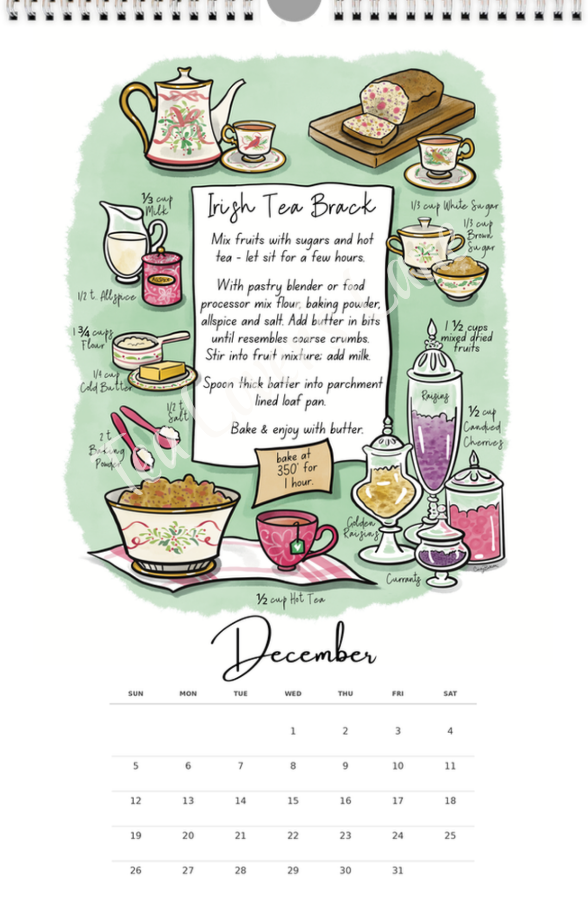 December page of the 2027 Teatime Treats Calendar- features illustrated recipe for Irish Tea Brack. 