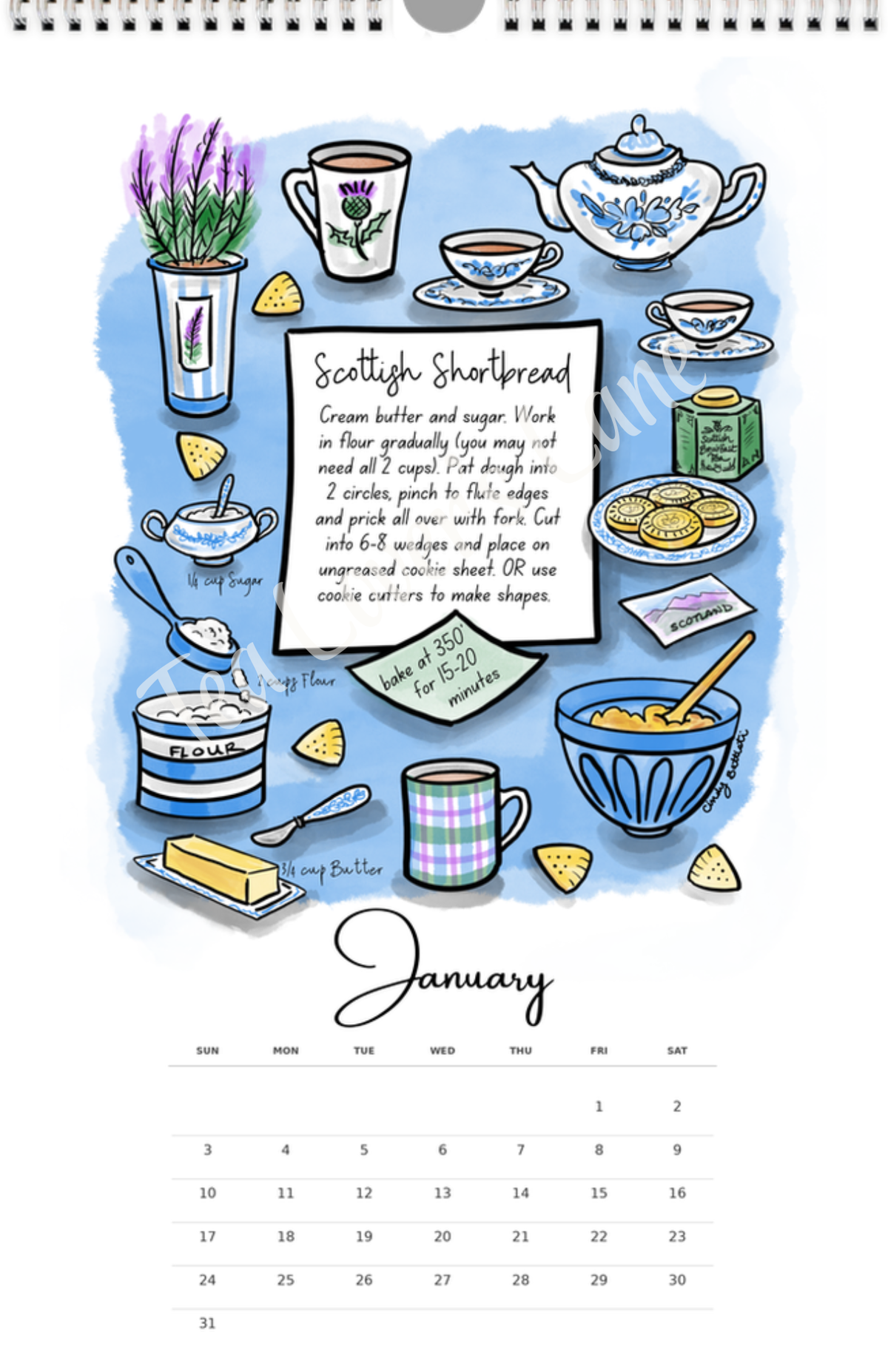 January page of the 2027 Teatime Treats Calendar- features illustrated recipe for Scottish Shortbread. 