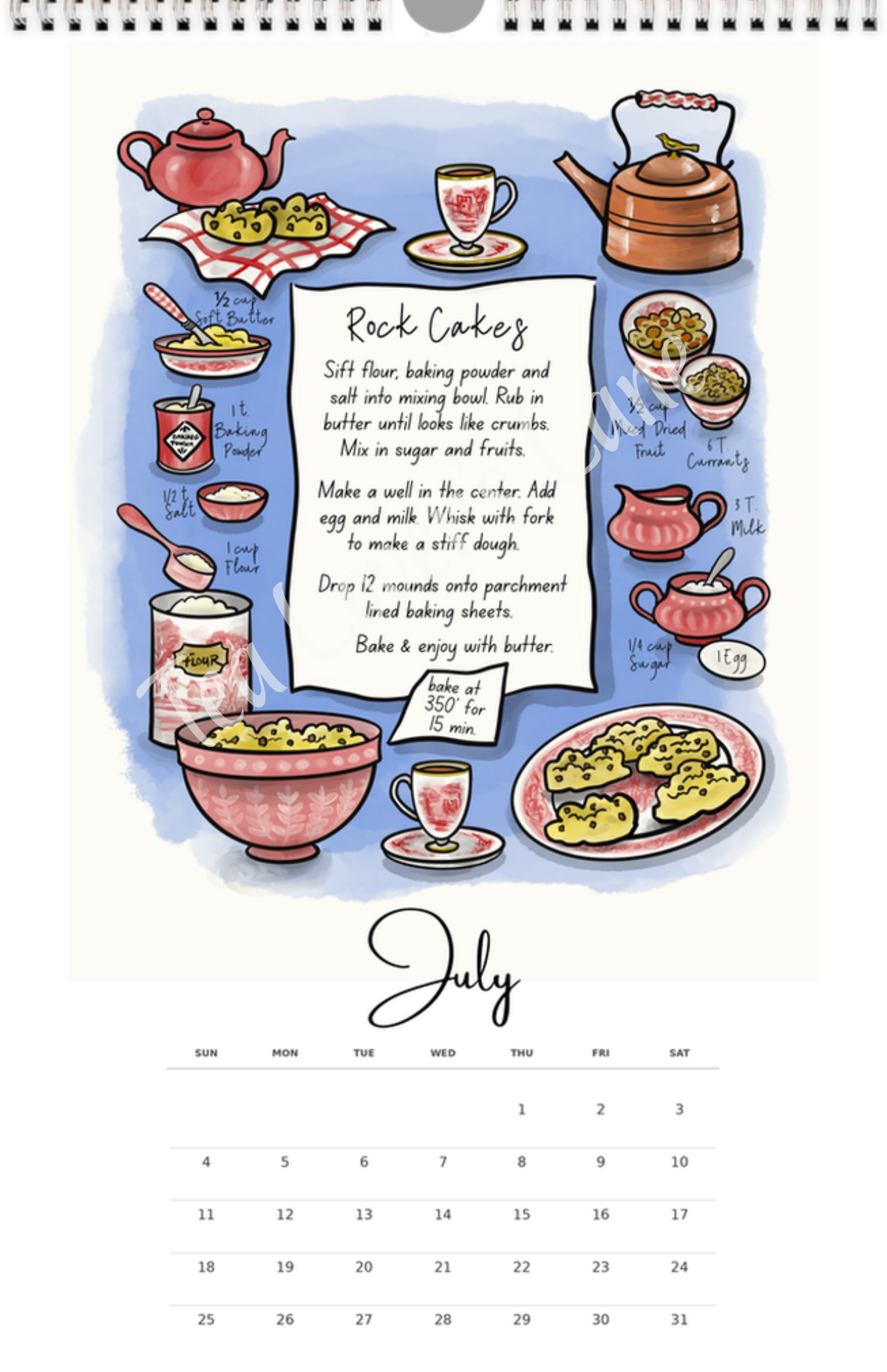 July page of the 2027 Teatime Treats Calendar- features illustrated recipe for Rock Cakes. 