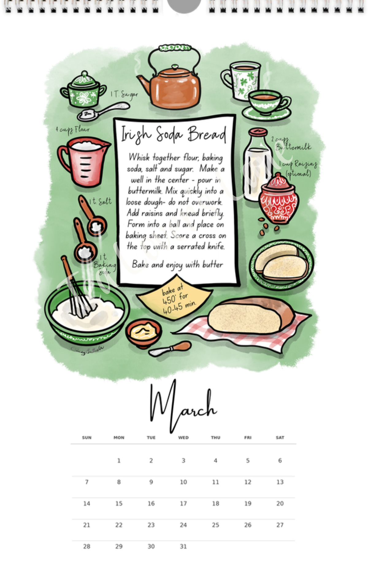 March page of the 2027 Teatime Treats Calendar- features illustrated recipe for Irish Soda Bread. 