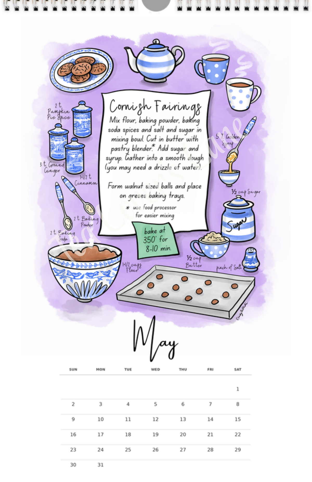 May page of the 2027 Teatime Treats Calendar- features illustrated recipe for Cornish Fairings ginger cookies.