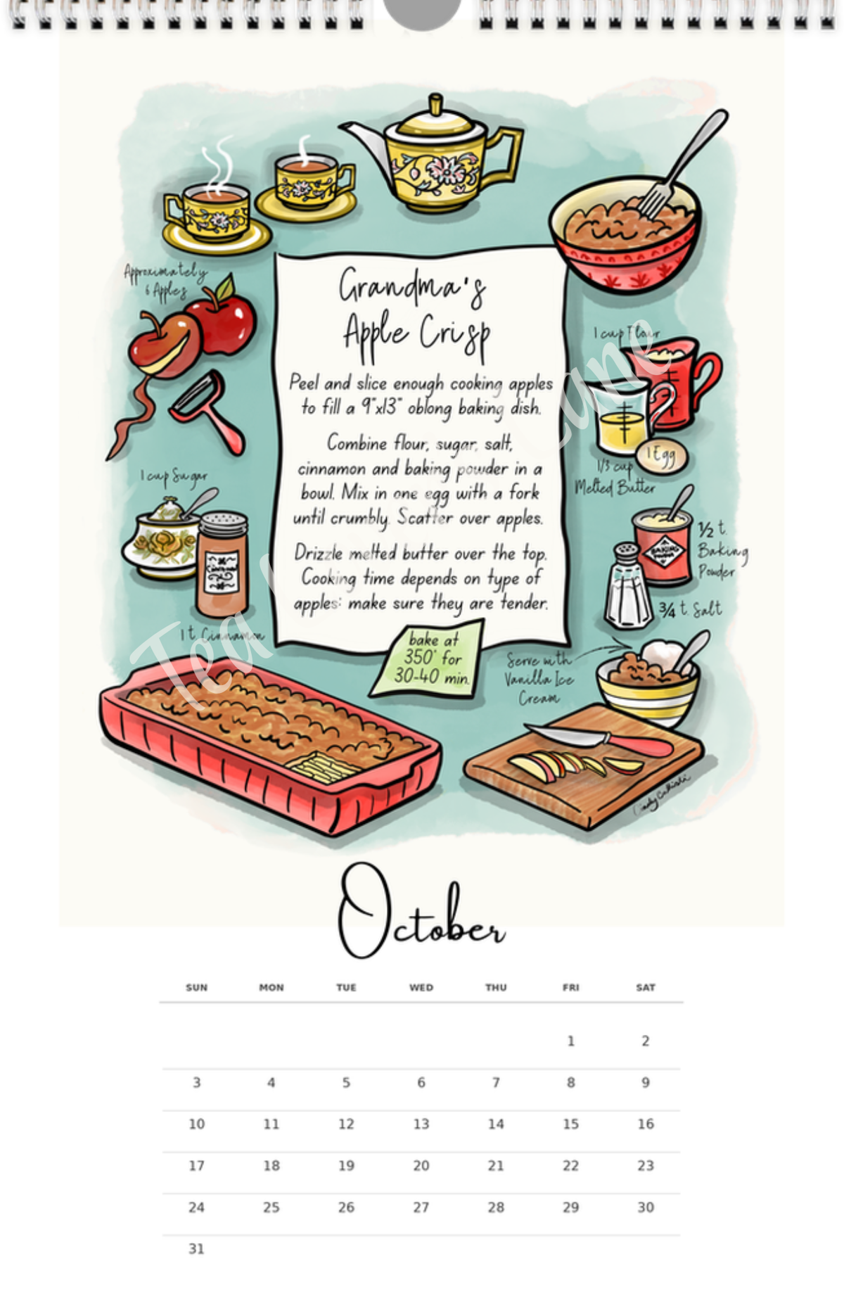 October page of the 2027 Teatime Treats Calendar- features illustrated recipe for Apple Crisp. 