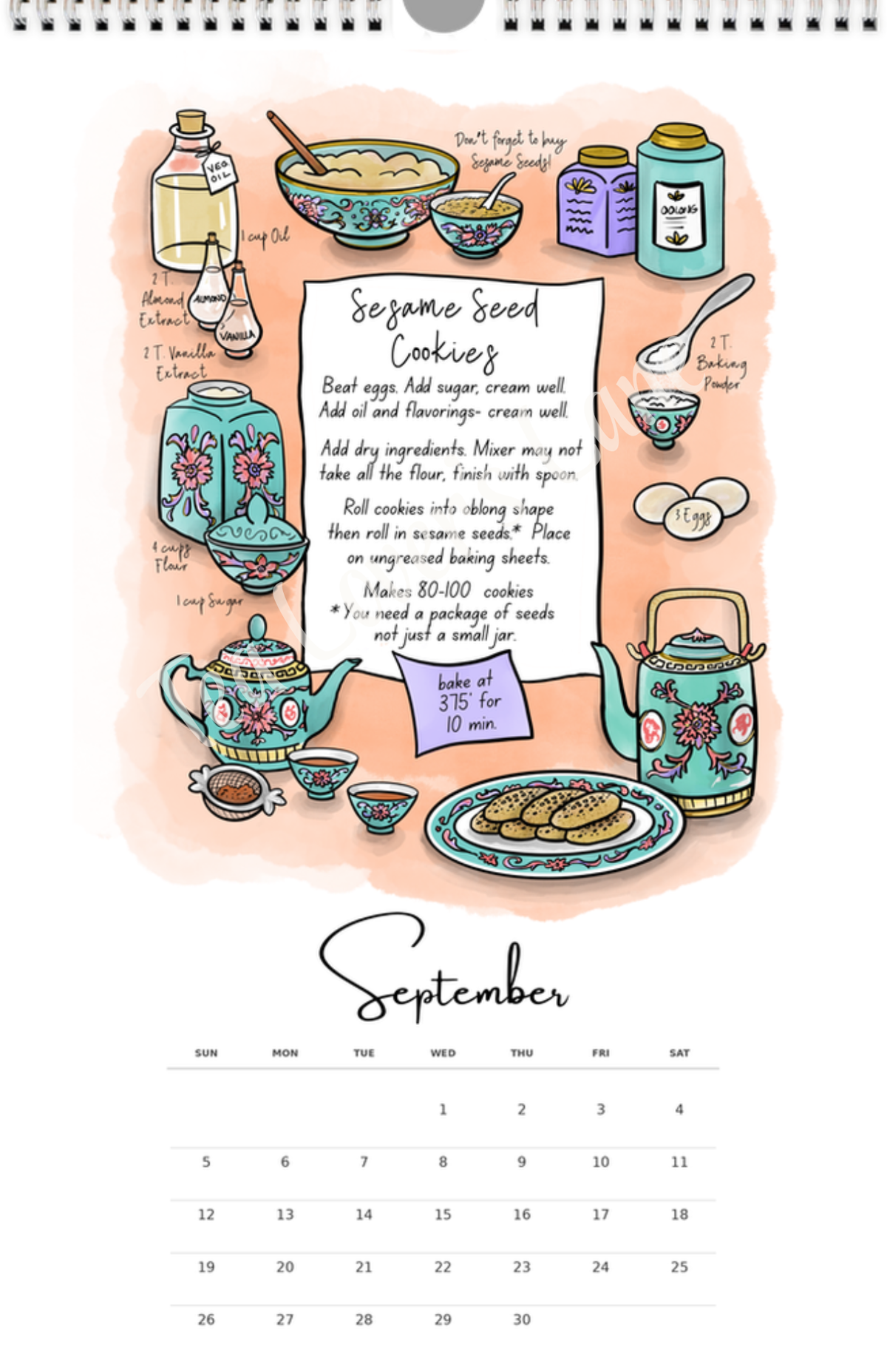 September page of the 2027 Teatime Treats Calendar- features illustrated recipe for Sesame Seed Cookies. 