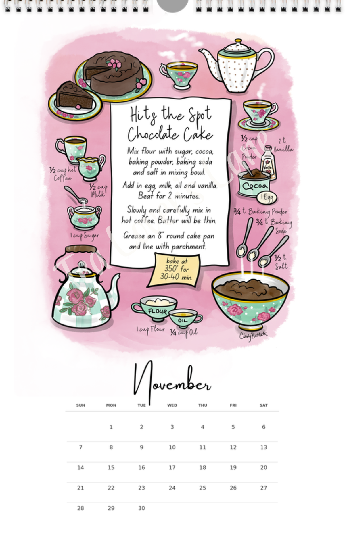 November page of the 2027 Teatime Treats Calendar- features illustrated recipe for Chocolate Cake. 